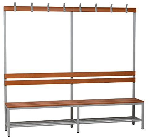 Schrank & Stuhl Garderobensitzbank – Umkleidesitzbank mit Hakenleiste und Schuhablage, Garderobenbank aus Metall und Holz, Sitzbank für Umkleidekabinen, 189 x 200 x 40 cm, Grau