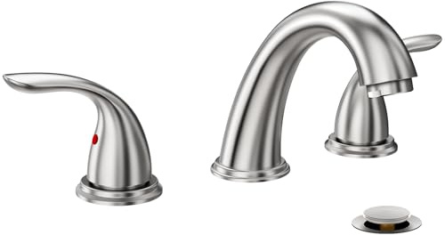 Phiestina 8 Inch 2 Handles 3 Holes Deck Mount Brushed Nickel Widespread Bathroom Faucet, with Stainless Steel Pop Up Drain, WF008-5-BN