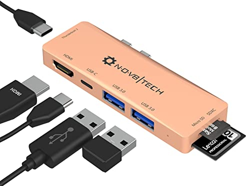 Nov8Tech USB C Hub für MacBook Pro & Air M1 M2 2016-2023 Gold – 7 in 2 USB-c Hub –USB C HDMI –Thunderbolt 3 Typec Hub – 100W Power Delivery 3.0, 2 USB 3.0-Anschlüsse, Micro SD und SD-Kartenleser