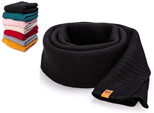 HEYO Damen Schal Winter Strickschal | H19603 | Weich Warm Gestrickt mit Leder Patch | Made IN EU (Schwarz)