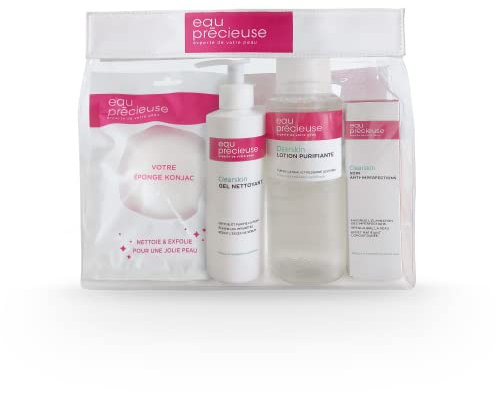 Eau Précieuse - Trousse Mes Indispensables 3 Soins visage - Lotion Purifiante - Gel Nettoyant - Soin Anti-Imperfections + 1 Eponge Konjac offerte