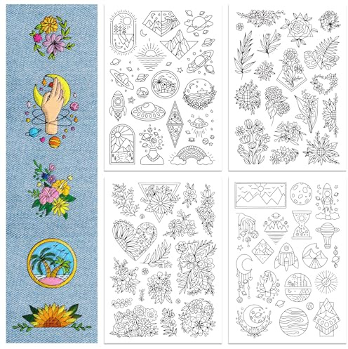 GLOBLELAND 70 Pcs Fleurs Motif Soluble dans L'Eau Main Couture Stabilisateurs Céleste Bâton et Point Papier pour Tissu Broderie Point Pratique Motifs de Broderie Transferts 4 Feuilles