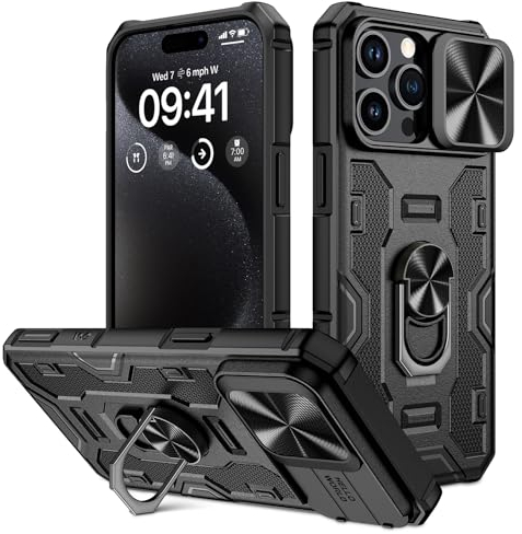 Doeshine for iPhone 15 Pro Max Case with Kickstand & Slide Camera Cover, Built-in 360° Rotate Ring Stand Magnetic, Heavy Duty Shockproof Protective Cover for iPhone 15 Pro Max 6.7 (Black)