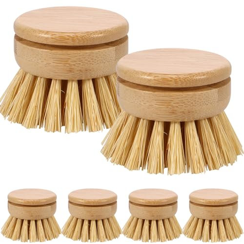 Lot de 6 têtes de brosse à vaisselle en bambou, poils de sisal doux, têtes de brosse à vaisselle en bois respectueux de l'environnement, têtes de rechange pour poêles à vaisselle