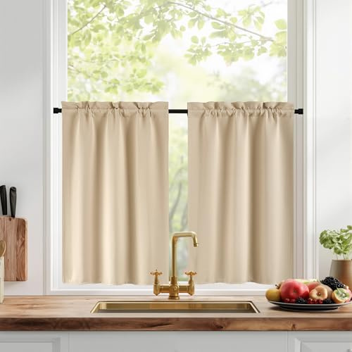PONY DANCE Tende a Vetro per Finestra Tende Oscuranti per Cucina Corte Tendine Finestra a Vetro Blackout Curtains Termiche con Tasca 2 Pezzi 60x90 CM, Beige
