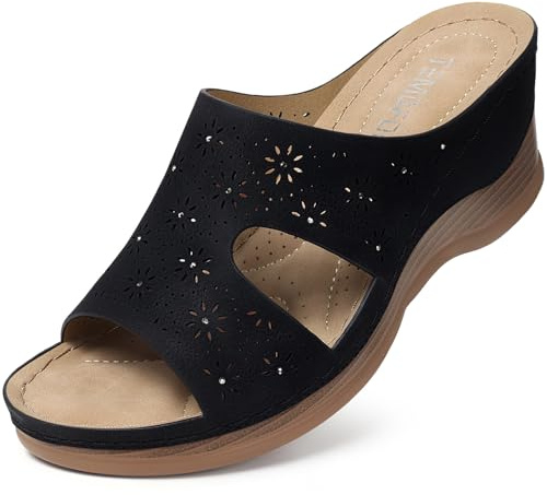 TEMOFON Women Wedge Sandals Dressy: Black Low Platform Sandal Size 8 Womens Comfortable Wide Width Leather Sandals Woman Casual Slip on Wedge Summer Shoes