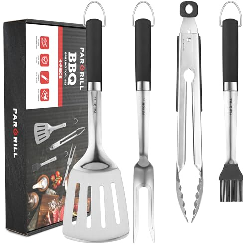PARGRILL Grill Accessories Heavy Duty BBQ Set Gifts for Men/Women - Premium Stainless Steel Spatula, Fork, Brush & Tongs, Barbecue Utensils Tool Kit Gift for Grilling Lover Outdoor