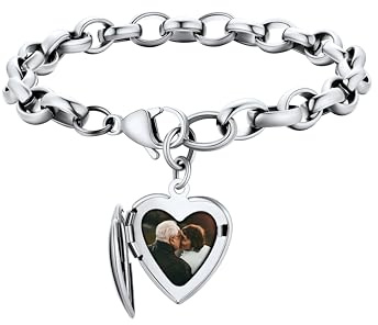 Supcare Bracelet photo personnalisé pour femme, médaillon en forme de cœur gravé avec images, manchette en acier inoxydable et bracelets en cuir pour maman, 21cm/8.3inches, Acier inoxydable