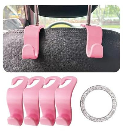 4Pcs Car Seat Headrest Hook, Space Saving Hanger Storage Organizer, Durable Backseat Headrest Holder, Universal Auto Interior Accessories With Push Start Button Cover (Pink)