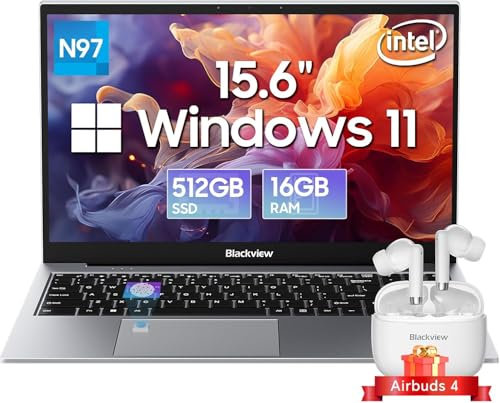 Blackview Laptop 15,6 FHD+ Notebook, 16GB DDR4 512GB SSD + TF, 3.6GHz Processor N97/UHD Graphics, Windows 11, 38Wh, QWERTY, HDMI 2.0, Bluetooth, USB 3.0, Fingerabdruck. FaceID, WLAN 5G