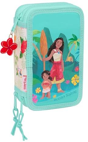 SAFTA VAIANA - Trousse Scolaire avec 37 Outils Inclus, pour Enfants de 5 à 14 Ans, Confortable et Polyvalente, qualité et résistance, 12,5 x 5,5 x 19,5 cm, Couleur Beige/Bleu, Beige/Bleu, Estándar,