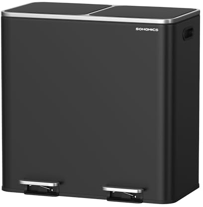 SONGMICS Dual Rubbish Bin, Metal Recycling Bin with 15 Rubbish Bags, 2-Compartment, with Lids, Pedals, Plastic Inner Buckets, Soft Closure, 2 x 10.6 Gallons (2 x 40 L), Black LTB730B82