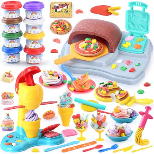 PLAY 2 in 1 Kit Plastilina per Bambini, Plastilina Macchina Gelato e Macchina Pizza, Set di Plastilina Creativa con strumenti per impasto, macchina per pasta, Pasta da Modellare per Bambini 3+ Anni