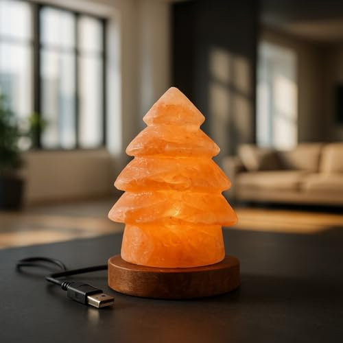Classic Collection UK7 Ltd Christmas Tree Shape Himalayan Salt lamp, Small Size, 650gms with Natural Air Purifier & Ambient Light, USB Cable Operated Cable Length 101cms.