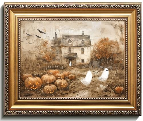 uniro Vintage Gold Framed Wall Art, Vintage Cute Ghosts Haunted Halloween Painting, Spooky Pumpkin Patch Halloween Wall Art Prints Ghost Decor, Farmhouse Ghost Posters Country Cottage Fall Decor for Living Room, Bedroom, Bathroom, halloween Room decor- 9x12Inch