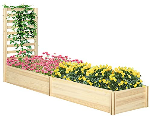 Outsunny Letto per Orto Rialzato da Esterno in Legno di Abete con 2 Fondo Aperto e Spalliera, Fioriera con Traliccio per Piante Rampicanti, per Fiori, Piante, 230x60x110 cm, Color Legno