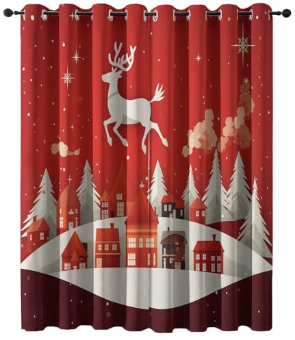 Cortinas Salon 117An x 160Al cm (2 Paneles) con Ojales Termicas Aislantes Frio Y Calor, Modernas Suave Escena de Nieve con casa roja y Ciervo navideño Cortina Habitacion Elegante Rojo Blanco