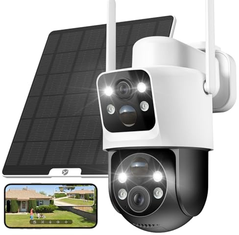 YESKANO 2K Telecamera Wi-Fi Esterno, Doppio Obiettivo Telecamera Pannello Solare, 360 Gradi Videocamera Sorveglianza Esterno Wifi a Batteria, Doppio PIR, 2.4GHz, Visione Notturna a Colore, Audio