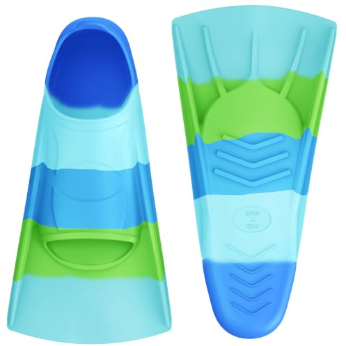 QcoQce Palmes de natation pour enfants, 100 % silicone, palmes courtes pour la plongée avec tuba, la plongée, l'entraînement et les vacances, dans une taille de voyage pratique avec sac en filet pour