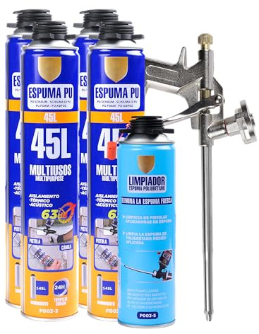 Set Completo de Espuma de Poliuretano - Incluye 1 Pistola de Espuma Poliuretano, 4 Botes Espuma Poliuretano 750ml y 1 Limpiador de Espuma 500ml