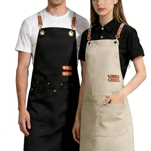 ASOUUNLD 2PCS Tablier de Travail Tablier en Toile Tabliers de Cuisine pour Hommes et Femmes Tabliers Barbecue avec 4 Poches, Sangle Réglable pour Serveurs Cuisine Cuisson Artiste Peinture, Dos Croisé