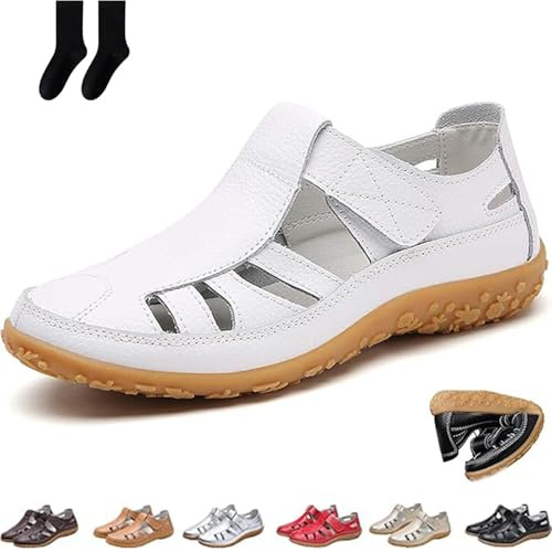 Sandalias de punta cerrada para mujer, sandalias ortopédicas de pescador de verano, con gancho y bucle, de piel retro, antideslizantes, estilo bohemio, gladiador, para caminar, playa