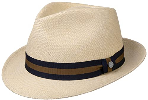 LIERYS Sportive Trilby Panamhut Handmade in Ecuador Urlaubshut aus Panamastroh Bogarthut mit Ripsband Damen Herren Frühjahr Sommer Natur-dunkelblau L (59-60 cm)