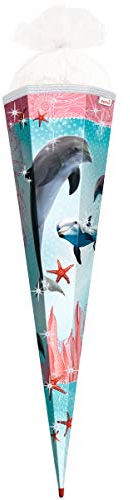 ROTH Schultüte groß Delfin mit Seesternen - Glitter und Glitzer-Borte 85 cm - 6-eckig Rot(h)-Spitze Tüllverschluss - Zuckertüte Glitzer
