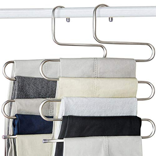 Perchas para Pantalones, Perchas en Forma de S, de Acero Inoxidable, ahorran Espacio en el Armario, para Pantalones, Jeans, Bufandas, Colgantes, Plateadas (Paquete de 4 con 10 Clips)