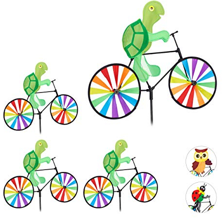 Relaxdays 4 Molinillos de Viento Tortuga para Terraza, Jardín y Niños, Poliéster y Plástico, Multicolor