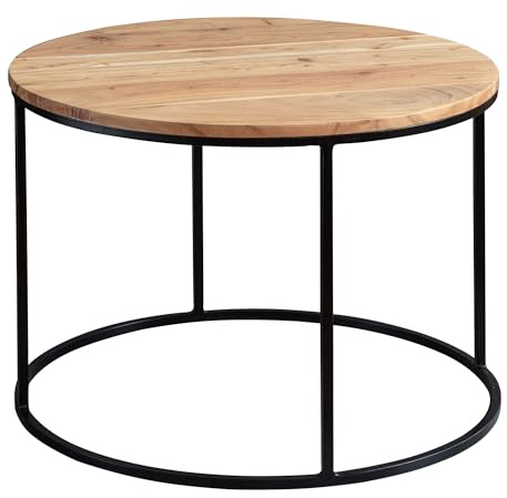 FineBuy Couchtisch Akazie Massivholz rund 60 cm · Wohnzimmertisch mit schwarzem Metallgestell · Handgefertigt · Natur Holz Tisch im modernen Industrial Design Braun