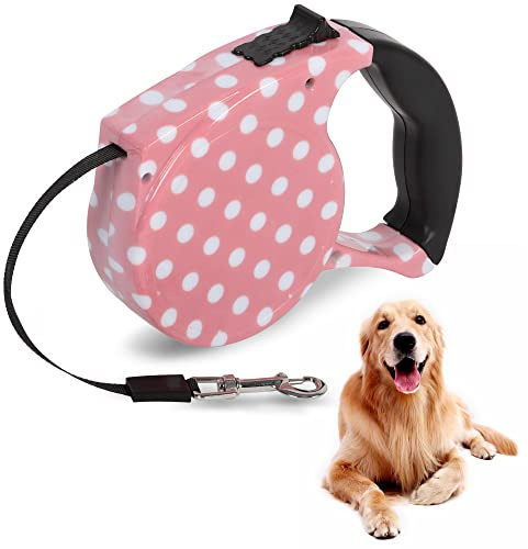 Beaface Laisse rétractable pour chien - 5 m - Pour chiens de petite et moyenne taille jusqu'à 25 kg - Laisse extensible avec poignée antidérapante, ruban en nylon résistant et anti-nœuds - Rose à pois