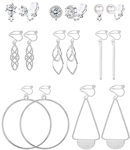 JeweBella 8 Paar Ohrclips Damen Mädchen Lange Tropfen Hängend Ohrringe Ohne Ohrlöcher Zirkon Perlen Creolen Hypoallergen Fake Set Silber Gold für Frauen