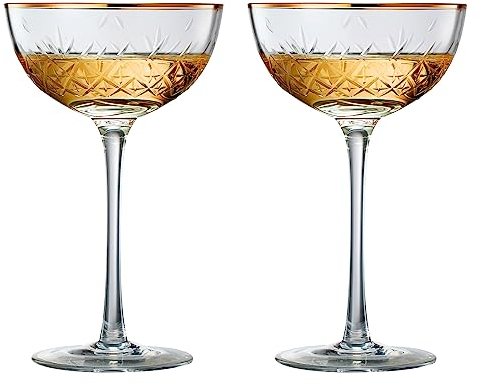Vintage Art Deco Luxury Coupe Glasses, Cocktails, Martini, Margarita, In Premium Gift Box 24K Gold Rim | Set of 2 | 8 oz Classic Cocktail Glassware - Champagne, Manhattan, Cosmopolitan Crystal Goble
