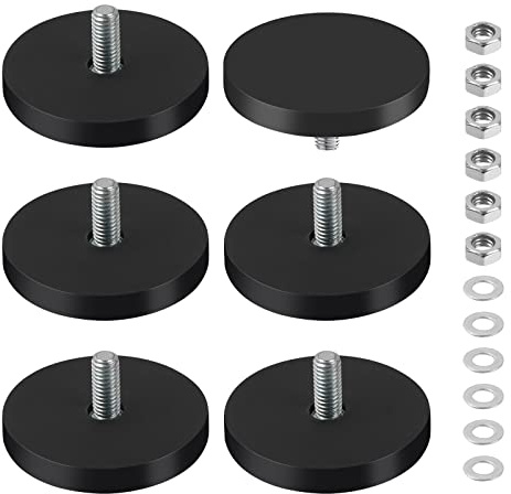 Imanes de Neodimio Engomados, Imanes Redondos de Goma, Ø 43 mm con Rosca Exterior M6, 10 kg de Fuerza de Sujeción, Imán Plano para Tornillos, Ojal o Ganchos (6 piezas)