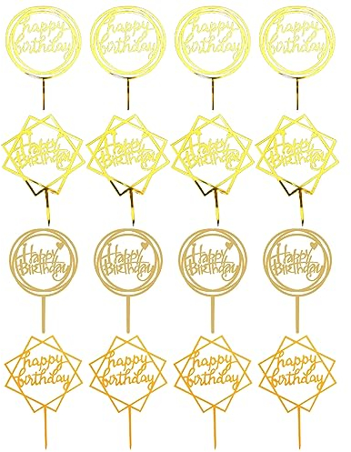 16pcs Or Happy Birthday Cake Decoration Set, Acrylic Glitter Cupcake Topper, Guirlande Coeurs Etoiles Cake Topper, Décoration de gâteau pour fille, enfant, mariage, mère