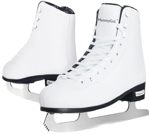 MammyGol Classic Ice Figure Skates for Womens/Misses/Girls Lace up with Stainless Steel Blade Light Support Ice Figure Skates in White Color