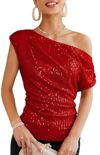 GRACE KARIN Blusa brillante con lentejuelas para mujer, top elegante con purpurina para fiesta, top fruncido cruzado con lentejuelas, rosso, L