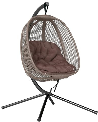 Outsunny Silla Colgante con Efecto Imitación Ratán Sillón Colgante con Soporte de Acero Cesta Plegable Bolsa de Taza y Cojines Carga 120 kg para Interior y Exterior Café