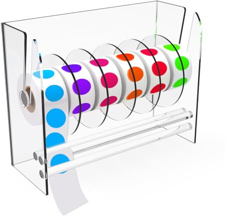 Acryl-Aufkleberrollen-Spenderhalter – 6 Scheiben, verstellbarer Etikettenspender für Rollen von Aufkleber-Etiketten, geeignet für Büro, Schule, Zuhause – Aufkleber-Rollenhalter Organizer