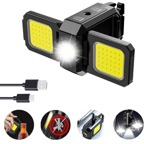 MODOAO Mini linternas LED COB portátiles, luz de trabajo con llavero COB, lámpara plegable de 90°, linterna de llavero recargable impermeable IPX5 con base magnética, para pesca, camping, senderismo,