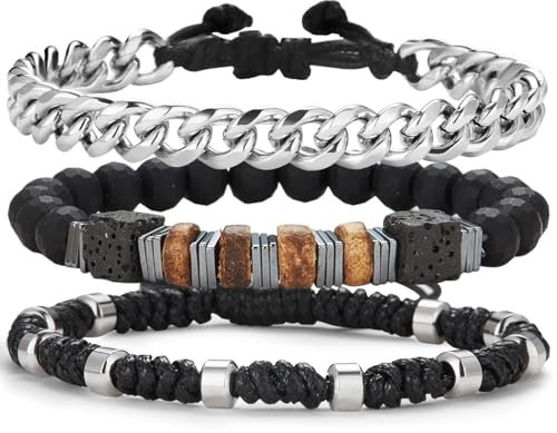 Dazylleco 3 Stück Perlenarmband für Herren Naturstein Armband Schwarz Edelstahl Leather Armkette Armband Verstellbare Schmuck Set Herren Geschenk Vatertag für Männer(24014)
