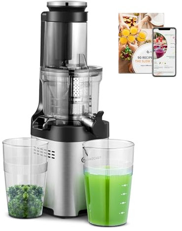 AMZCHEF Entsafter Testsieger 250W Edelstahl Slow Juicer - 79mm Öffnung für Gemüse/Ganzes Obst, Anti-Tropf-Design, 0.5-1L, 3 Schritte Montage, Ideal für Zitrone, Grünkohl, Karotte