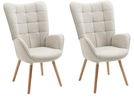 Meuble Cosy Lot de 2 Fauteuil Salon Scandinave Confortable Chaise de Coiffeuse Canapé Allaitement avec Assise Épais Accoudoirs Rembourés en Tissu Pieds Bois Massif, Beige