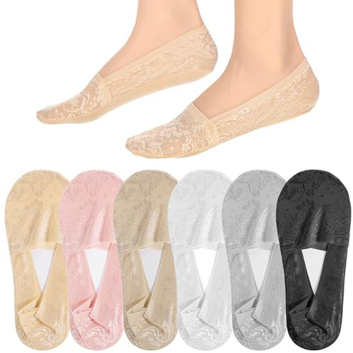 Yuanchu 6 Paar Damen Füßlinge aus Spitze, Atmungsaktiv Ballerina Socken 35-40 Unsichtbare Füßlinge aus Spitze Damen Ballerina Füßlinge mit Rutschfest Silikon für Halbschuhe Sneakers Stöckelschuhe