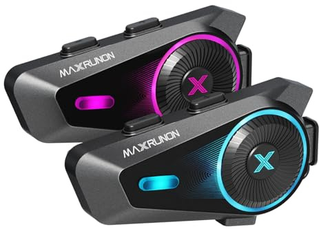 MAXRUNON Intercomunicador Casco Moto, Intercomunicador Bluetooth 5.4, Control por Voz en Español, 4 Motociclistas Intercom, Cancelación de Ruido, FM, Emparejamiento Universal, IPX7, 2 Pack