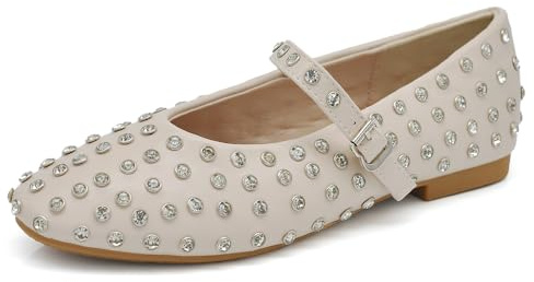 Mary Jane Ballerine Scarpe da Donna con Cinturino Borchie e Strass Brillantini Punta Tonda in Pelle Sintetica H90 Beige N.38