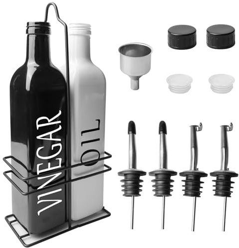 GBKDQQ Set di 2 dispenser di olio e aceto in vetro da 500 ml, design in bianco e nero, con supporto per caddy, beccuccio e imbuto in acciaio inox, a prova di perdite per olio d'oliva e balsamico in