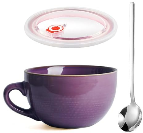Groß Tasse Keramik, 700ml Groß Müslischalen mit Henkel, Salat Schale, Wiederverwendbar Porzellan Kaffee Tasse, Porzellan Suppenschüssel Mit Deckel und Löffel, Cappuccinotasse, Für Cafés(Violett)