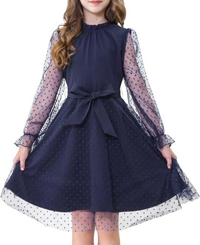 Roalnko Abito a Maniche Lunghe a Volantino per Ragazza, Vita Alta con Cintura Linea A Collo Volant Mesh a Contrasto Abiti da Principessa per Festa in Tulle, Nero Marina, 7-8 Anni, 130